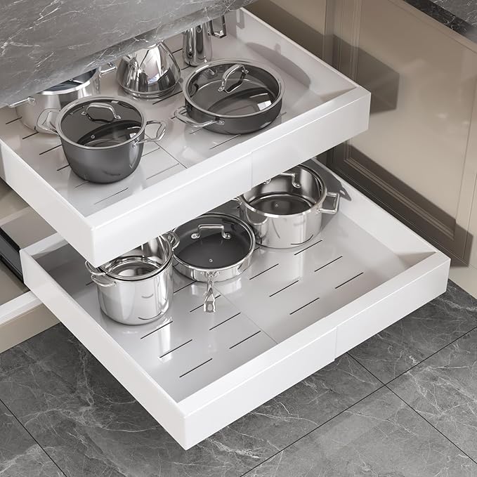 Seinloes 2 Pack Pull Out Cabinet Organizer 19" Deep,Full Extension 3 Slide Rails Slide Out Drawers With Raising Pad for Framed Cabinets,Expandable Width (12.3"-20.5"),No Drill Roll Out shelf,White