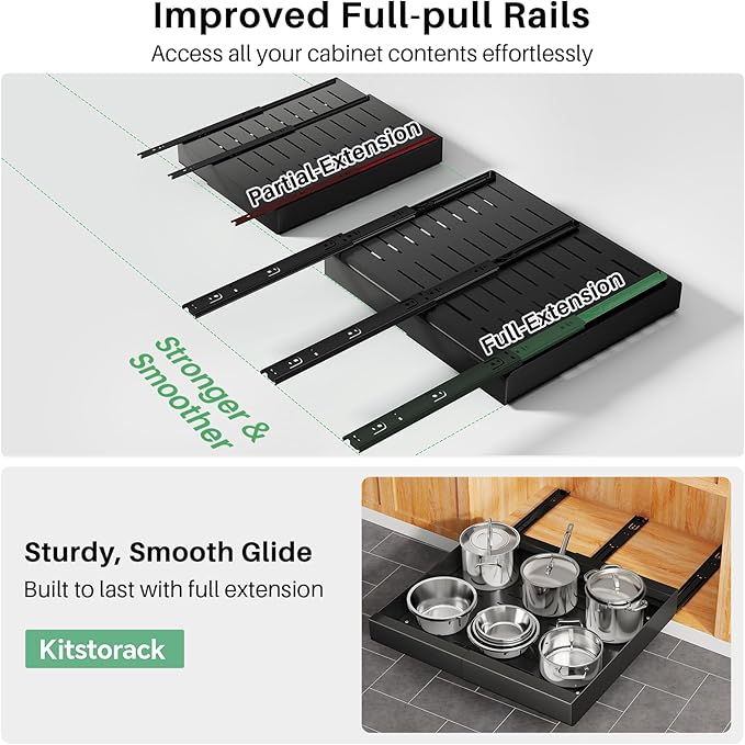 Pull out Cabinet Organizer, Wider Expandable(14"-24") Heavy Duty Slide out Drawers Fixed with Adhesive Nano Film for Pots and Pans, Roll out Shelf Storage for Kitchen Base Organization 2-Pack
