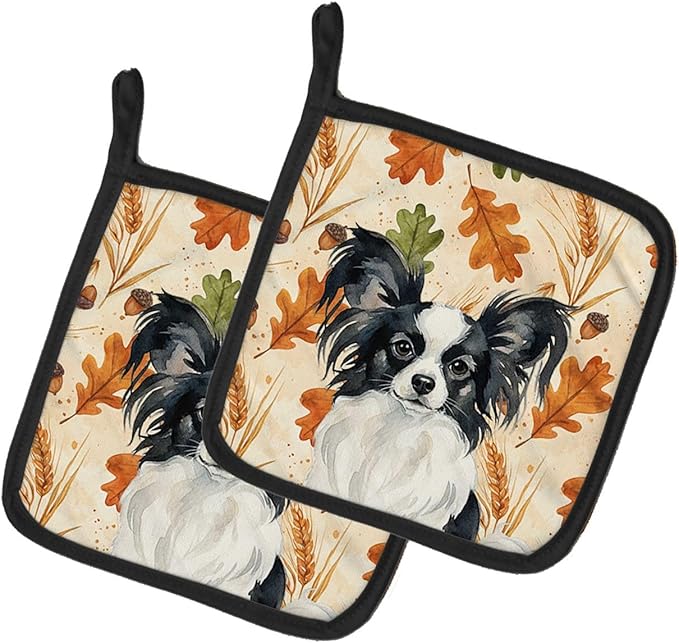 Caroline's Treasures Black and White Papillon Heirloom Fall Pair of Pot Holders Pair 7.5x7.5 Quilted Insulated Hot Pads Decorative Kitchen Gift Made in USA