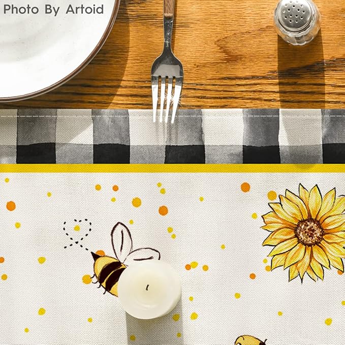 Artoid Mode Buffalo Plaid Sunflower Gnome Bee Summer Table Runner, Seasonal Spring Kitchen Dining Table Decoration for Home Party Decor 13x48 Inch