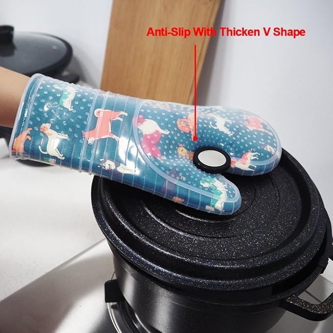 Oven Mitts Set of 2 with Transparent Clear Silicone Shell and Nice Dog Printing Cotton Lining, Heat Resistant to 500 F Kitchen Oven Gloves Pot Holder for Cooking (Blue)