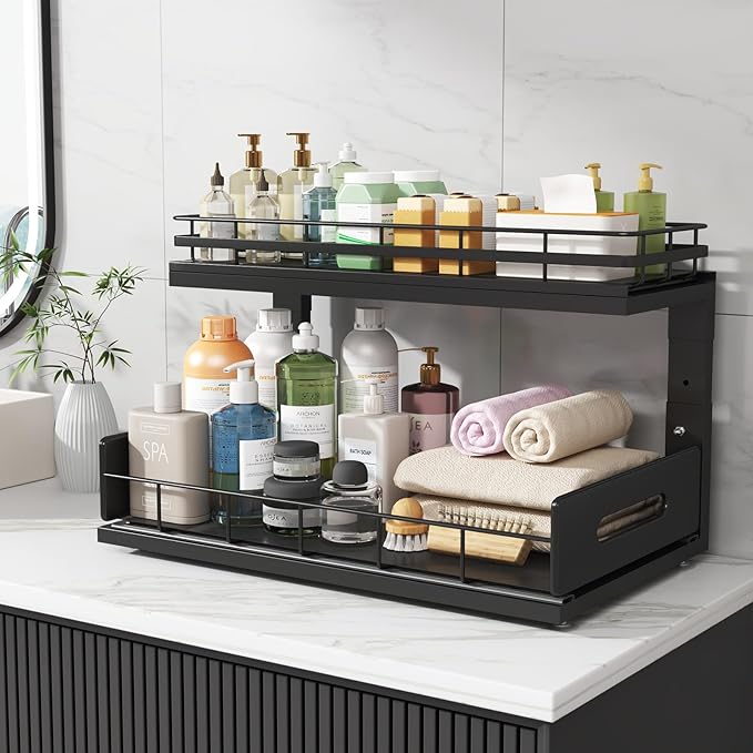 Under Sink Organizer Upgrade To Professional Rails,2-Tier Dual Pull Out Cabinet Storage,Height Adjustable Slide Out Drawers For Bathroom Kitchen,2 Pack-18.5"Dx12.8"-16.9"H,Black