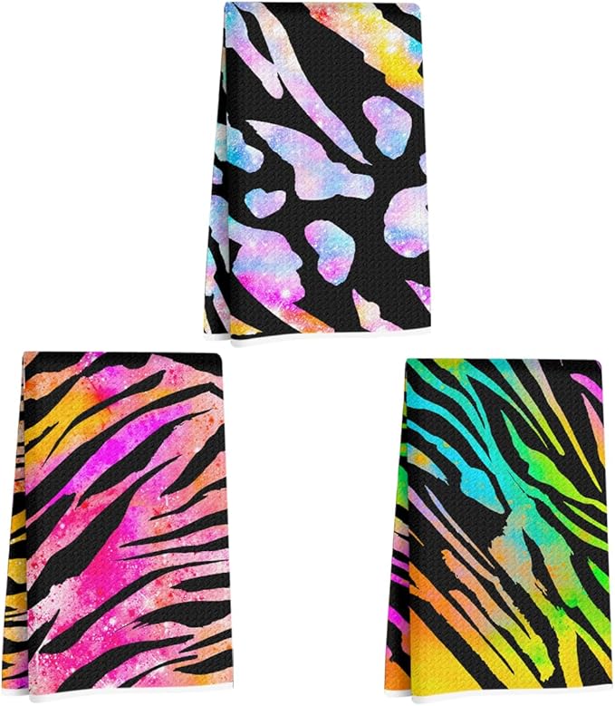 3 Pcs Colorful Zebra Print Kitchen Towels, Charming Decorative Absorbent Microfiber Dish Cloth Tea Towel, Trendy Waffle Soft Hand Towels for Farmhouse Home Bathroom, Housewarming Gifts