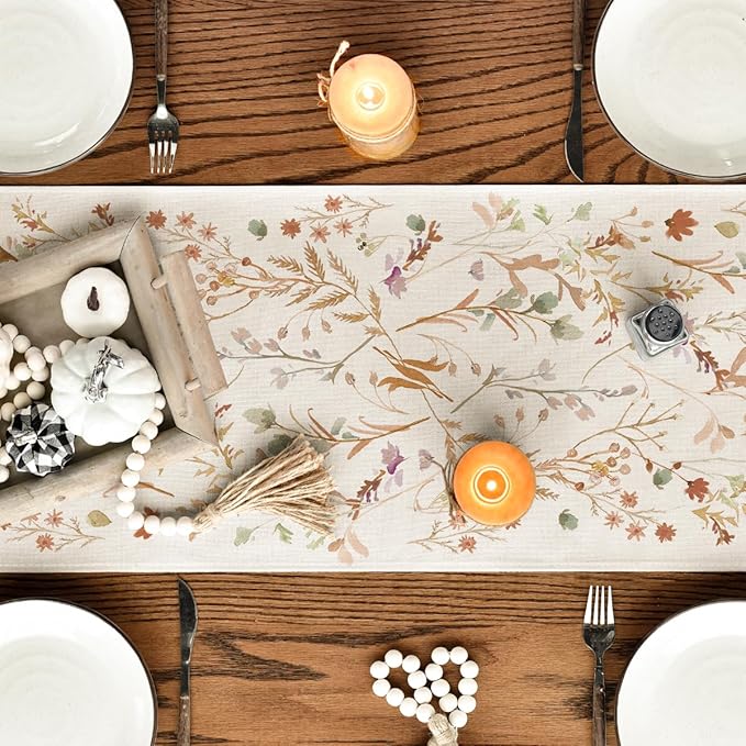 Artoid Mode Floral Leaves Fall Table Runner, Wild Flowers and Grasses Seasonal Autumn Kitchen Dining Table Decoration for Home Party Decor 13x36 Inch