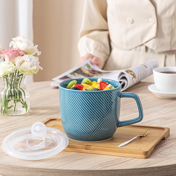 Ceramic Soup Bowl with Lid & Handle: 32 oz Microwave Safe Food Container for Ramen Noodles Cereal Leftovers - Extra Large Mugs for Breakfast Lunch Picnic Camping - Sky Blue, Set of 2