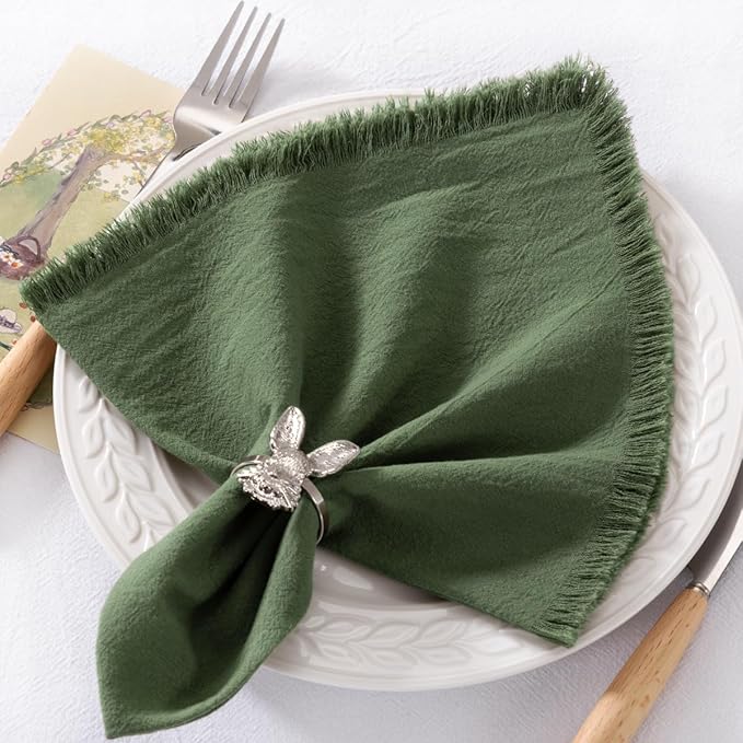 DeZerlor 12 Pack Olive Green Cotton Linen Napkins with Fringe Green Cloth Napkins Set of 12 Boho Handmade Dinner Table Napkins for Wedding Bridal Baby Shower Tea Party, 17 x 17 Inches