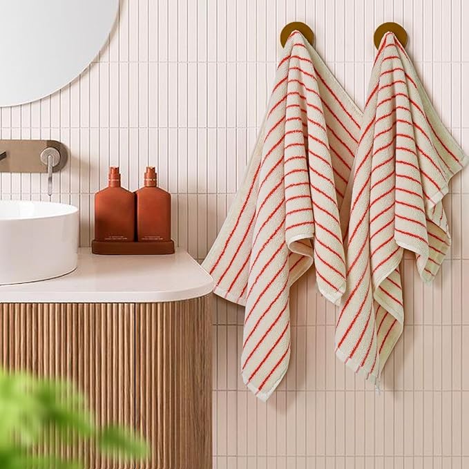 Jacquotha Striped Hand Towels Set of 2, Vintage Bathroom & Kitchen Decor, Guest Use, Soft Gentle for Adults Kids, Natural Cotton, 14” x 29”, Coral Red