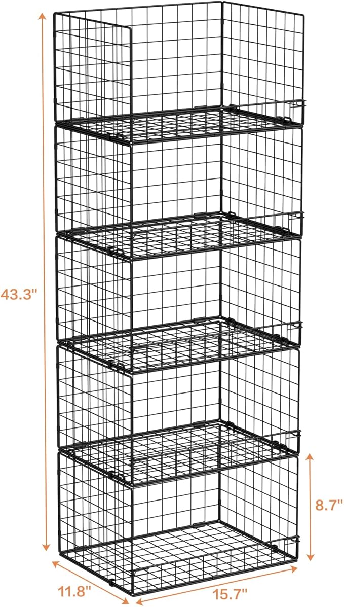 Yociyoga 5-Tier Stackable Closet Organizers and Storage Shelves, Closet Shelf Organizer Basket Bins, Foldable Sweater Storage for Closet Organizer System, Black（Patent Pending）