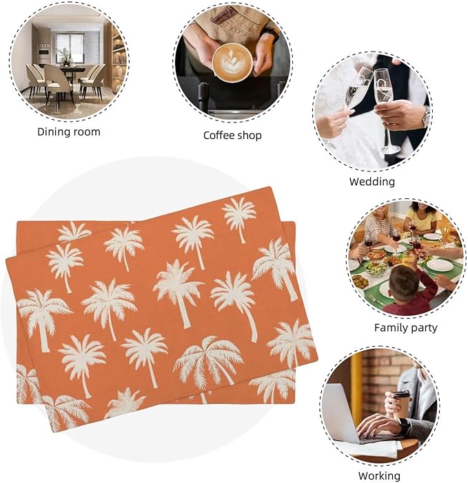 Palm Tree Placemats 12x18 Inch Set of 4, Summer Burnt Orange Table Place Mat Vintage Tropical Washable Table Mats Decorative Linen Fabric Table Mat for Dining Table Decor