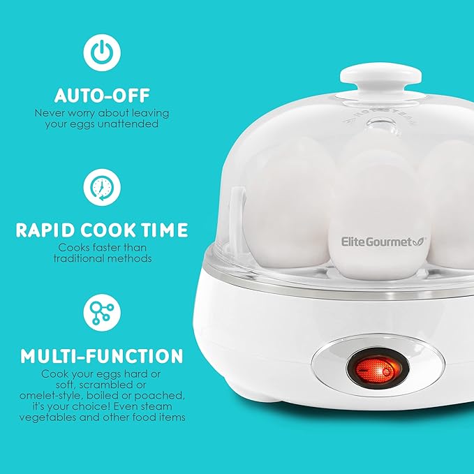 Elite Gourmet EGC007CHW Easy Electric 7 Egg Capacity Cooker, Poacher, Omelet Maker, Scrambled, Soft, Medium, Hard Boiled with Auto Shut-Off and Buzzer, BPA Free, Classic White
