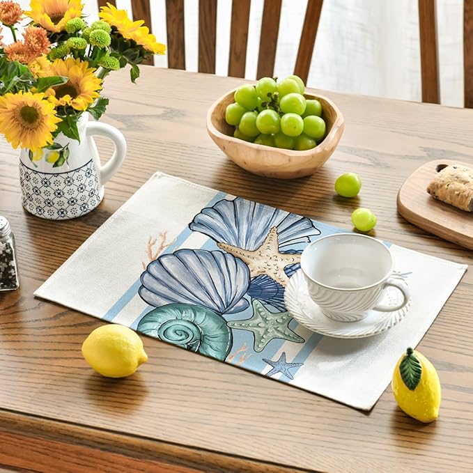 Artoid Mode Sea Shell Starfish Summer Placemats Set of 6, 12x18 Inch Seasonal Holiday Table Mats for Party Kitchen Dining Decoration