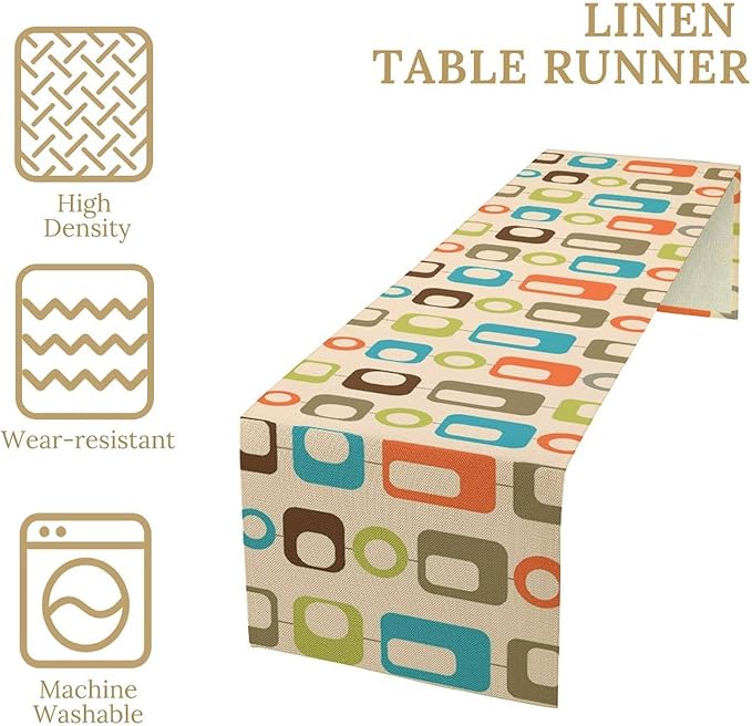 Mid Century Modern Table Runner Retro Abstract Geometric Boho 1960s Art Printed Dinner Runner for Home Kitchen Dining Table Decor Fabric 1 Panel W13xL90in