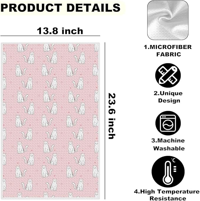 4 Pcs Adorable Cat Kitchen Towels, Decorative Absorbent Microfiber Dish Cloth Tea Towel, Waffle Soft Hand Towels for Farmhouse Home Bathroom, Cat Lover Gifts 2