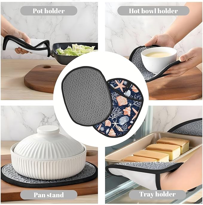 Seashell Silicone Pot Holders Set of 2, Heat Resistant up to 500°F, Non-Slip Kitchen Hot Pads with Pocket and Soft Quilted Cotton Lining for Baking, Cooking and Hot Pots
