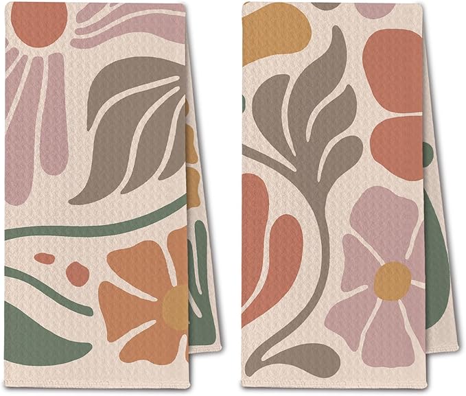 Vibrant Boho Floral Kitchen Towels, Groovy 70s Retro Flower Dish Towels Drying Cloth for Kitchen, Mid Century Modern Botanical Hand Towels for Bathroom, 16x24 Inch Set of 2
