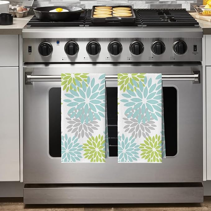 Artoid Mode Light Blue Dahlia Floral Kitchen Towels Dish Towels, 18x26 Inch Quick Dry Microfiber Cloth Hand Towels for Kitchen Drying Set of 2