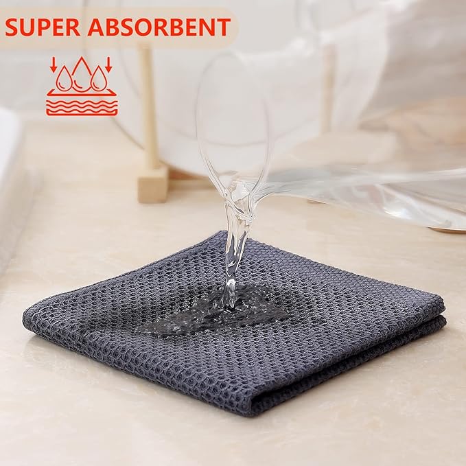Kitinjoy 100% Cotton Kitchen Dish Cloths (12 X 12 Inches, Dark Grey), 12 Pack Waffle Weave Ultra Soft Absorbent Dish Towels for Drying Dishes Quick Drying Kitchen Towels Dish Rags
