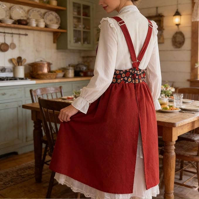 Uaussi Cotton Linen Apron Cross Back Work Apron for Women with Pockets Pinafore Dress X Cross Halter Apron for Chef Gardening