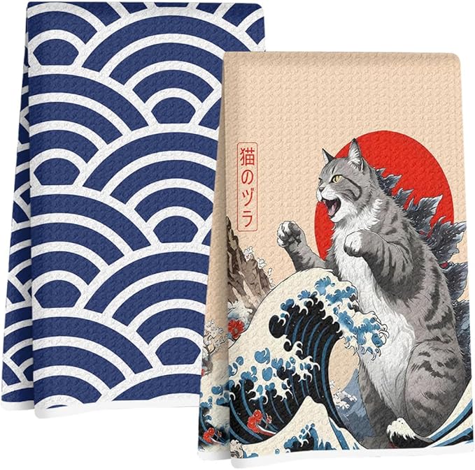 Jztco 2 Pcs Funny Japanese Cat Kitchen Towels, Japanese Wave Seamless Pattern Absorbent Microfiber Dish Cloth Tea Towel, Vintage Waffle Hand Towels for Farmhouse Home Bathroom, Cat Lover Gifts