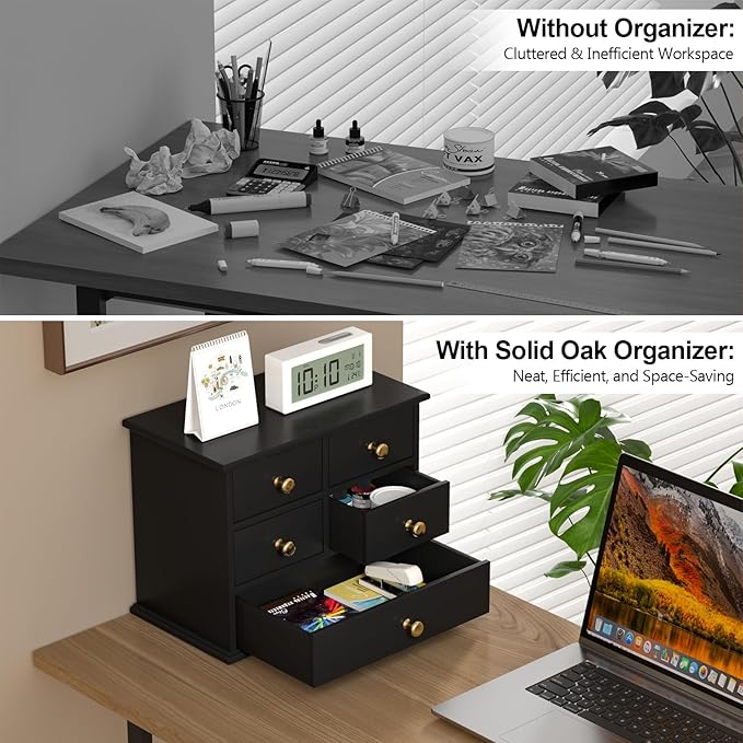 Oak Desk Organizer with Drawers, Durable Wooden Desktop Storage Box with Metal Handles & Non-Slip Silicone Pads, 5 Drawer Tabletop Organizer for Office, Bedroom, Bathroom, Vanity, and Makeup – Black