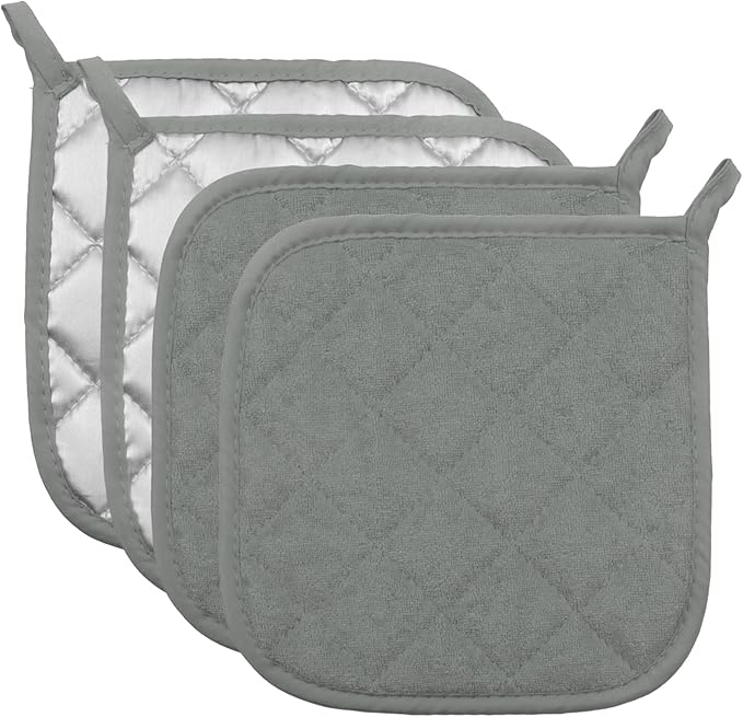 4 Pcs Quilted Pot Holder, Cotton Heat Resistant Hot Pads for Kitchen, Countertops, Oven Pot Holders (Grey)