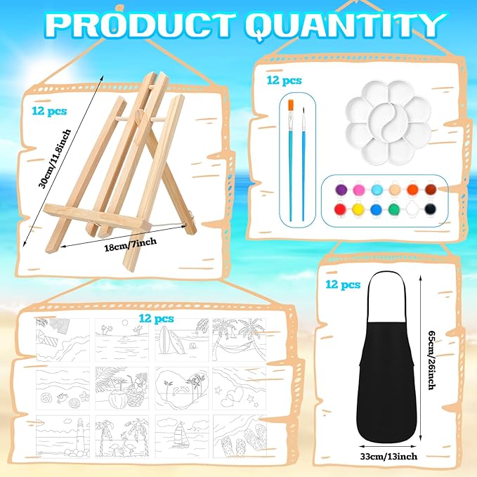 Motipuns 12 Set Pre Drawn Canvas for Painting for Adults Sip and Paint Kit with Easels 8 x 10 Inches Paint Party Kit with Printed Canvas Paints Brushes Palette Bag Apron(Beach)