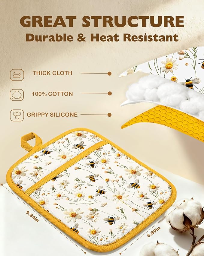 Slohif Silcone Daisy Bee Pot Holders for Kitchen - 100% Cotton Yellow Cute Oven Potholders with Pockets, Heat Resistant Square Thick Hot Pads, House New Home Baking Baker Gifts,2pack