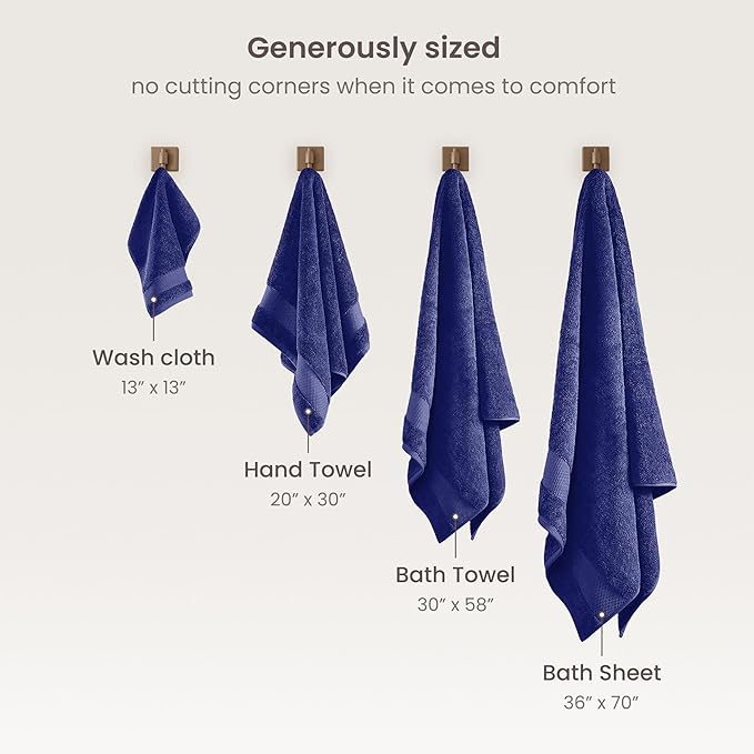 BIOWEAVES 100% Organic Cotton Bath Towel Set | 700 GSM Plush 6-Piece Premium Towel Set GOTS Certified, 2 Bath Towels, 2 Hand Towels & 2 Washcloths - Navy Blue