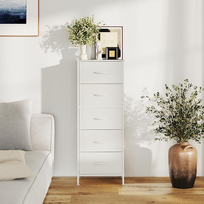Sweetcrispy 5 Drawer Dresser with Fabric Bins, Sturdy Steel Frame and Wood Top, Storage Organizer Chest for Bedroom, Closet, Hallway, White