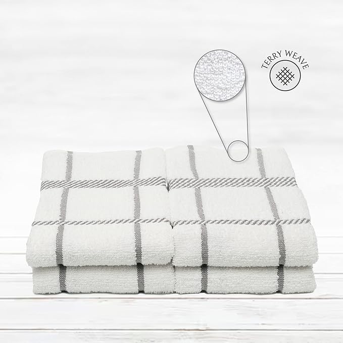 100% Cotton Terry Dish Towels, 4 Pack Checks, 16 x26 Inches, Super Soft and Absorbent Kitchen Towels, Perfect for Kitchen Cleaning and Dish Washing | Light Gray
