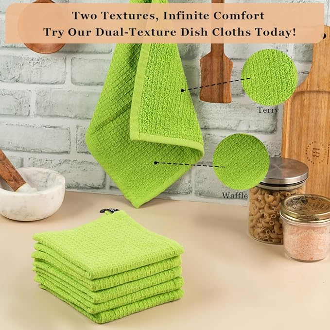 Kitchen Cleaning Dish Wash Cloths Waffle Terry Design Kitchen DishCloths|Washable 12x12 Cotton Dish Rags for Drying Dishes|Counter Top Barista Dust Wipes|Spring Easter Basket Decor| 6 Pc -Apple Green