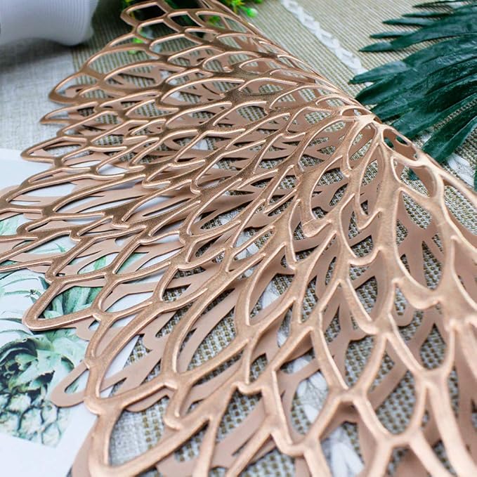 Rose Gold Round Placemats for Dinner Table Set of 6 Hollow-Out Vinyl Place Mats for Kitchen Decor Wedding Accent Centerpiece Table Mats