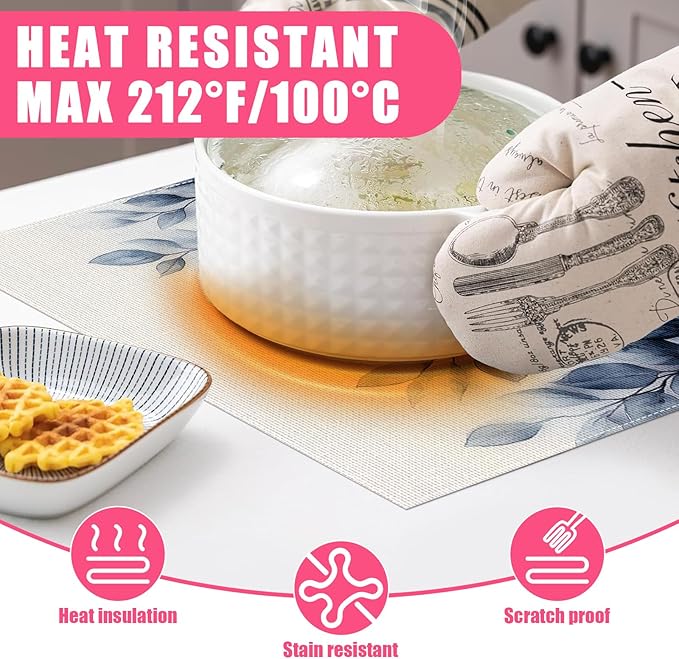 Spring Blue Leaves Placemats Set of 6,12x18 Inch Eucalyptus Leaves Linen Place Mat Washable Stain Resistant Table Mats for Summer Seasonal Farmhouse Kitchen Party Home Decor