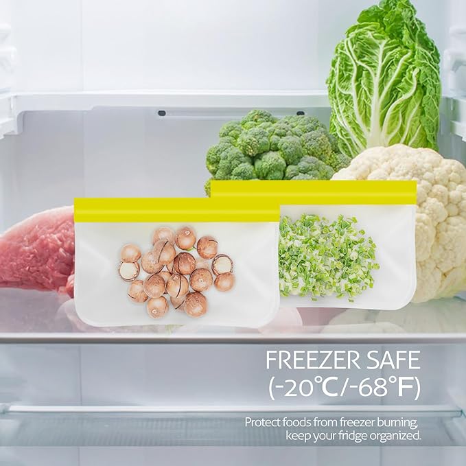 Reusable Snack Bags, 10 Pack 8.7x5.3 Inch Dishwasher Safe Silicone Food Storage Bags for Marinating Meats, Sandwich, Cereal (Yellow)