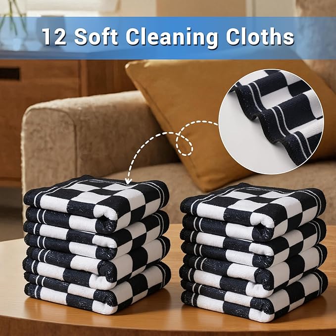 YUA Microfiber Cleaning Cloth 12 Pack,Microfiber Towels Cleaning,Microfiber Towels for Cars,Absorbent Dish Washing Cloth,Reusable Cleaning Cloths Lint Free (Black White Checker)