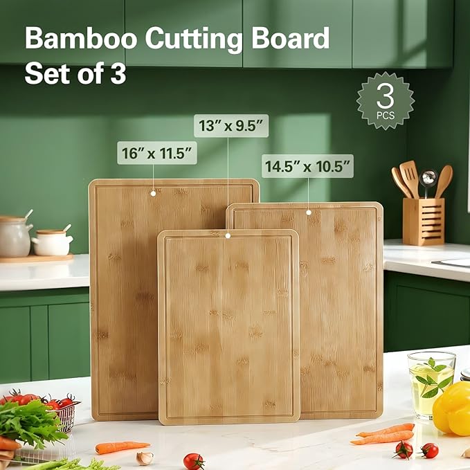 Zarler Bamboo Cutting Boards for Kitchen, 3 Piece Durable Wood Cutting Board with Juice Grooves and Handles, Wooden Chopping Board Set for Meal Prep, XL Size, Ideal Kitchen Gift