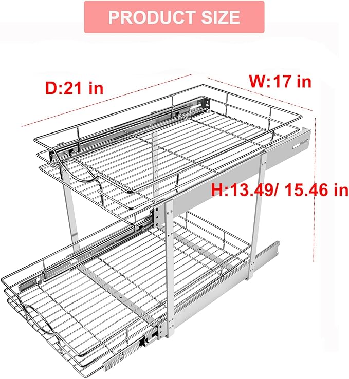 Sikarou Pull Out Cabinet Organizer 17" W x 21" D 2-Tier Individual Slide Out Drawer Pantry Shelf Storage for Kitchen Base Cabinet Organization for Kitchen, Bathroom, Pantry, Chrome