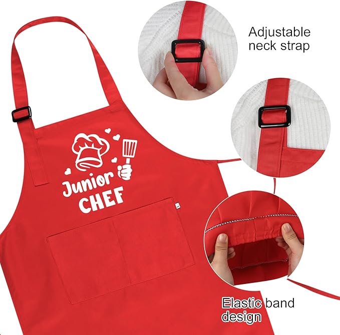 Kids Apron and Chef Hat Set, Funny Apron with 2 Pockets, Adjustable Kids Aprons for Cooking for Boys and Girls
