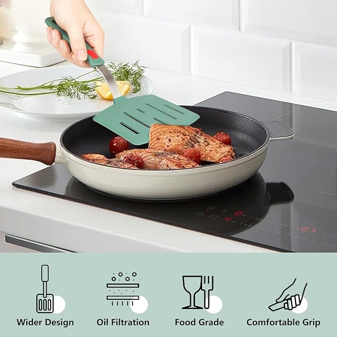 2 Pack Silicone Large Pancake Spatula Turner for Nonstick Cookware, Extra Wide Spatula for Cooking, Flexible Fish Turner, Slotted Spatulas for Eggs Omelette Flipping, Dishwasher Safe (2 Pack Green)