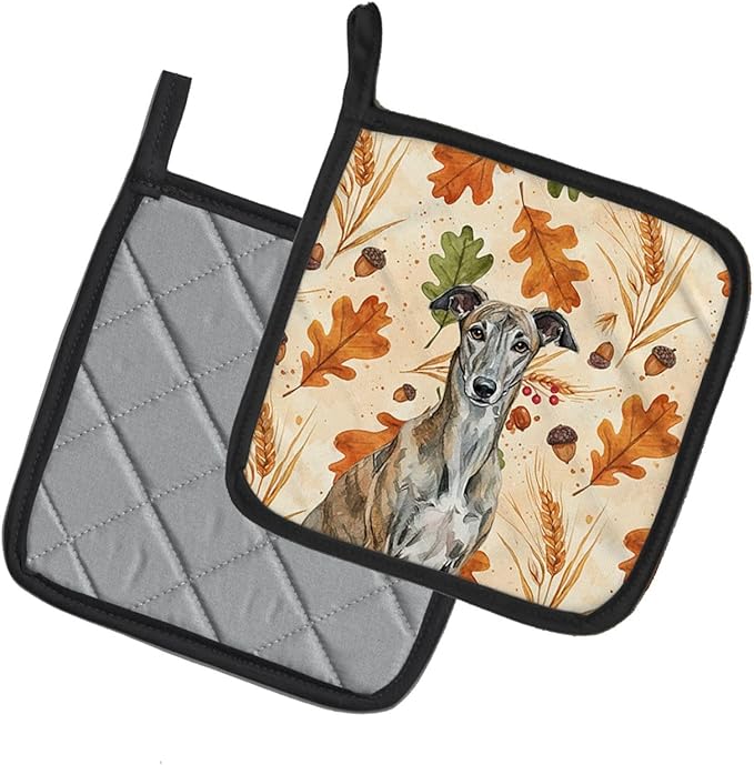Caroline's Treasures Brindle Greyhound Heirloom Fall Pair of Pot Holders Pair 7.5x7.5 Quilted Insulated Hot Pads Decorative Kitchen Gift Made in USA