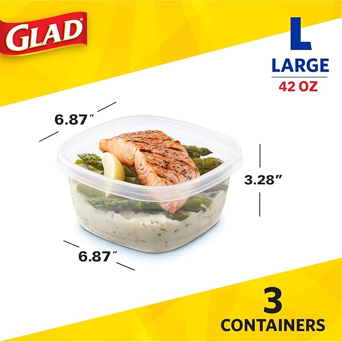Glad GladWare Tall Entree Food Storage Containers with Lids, Large Square BPA Free Plastic for Meal Prep and Lunches, Lock Tight Seal, Microwave and Dishwasher Safe, 42 Oz, 3 Count