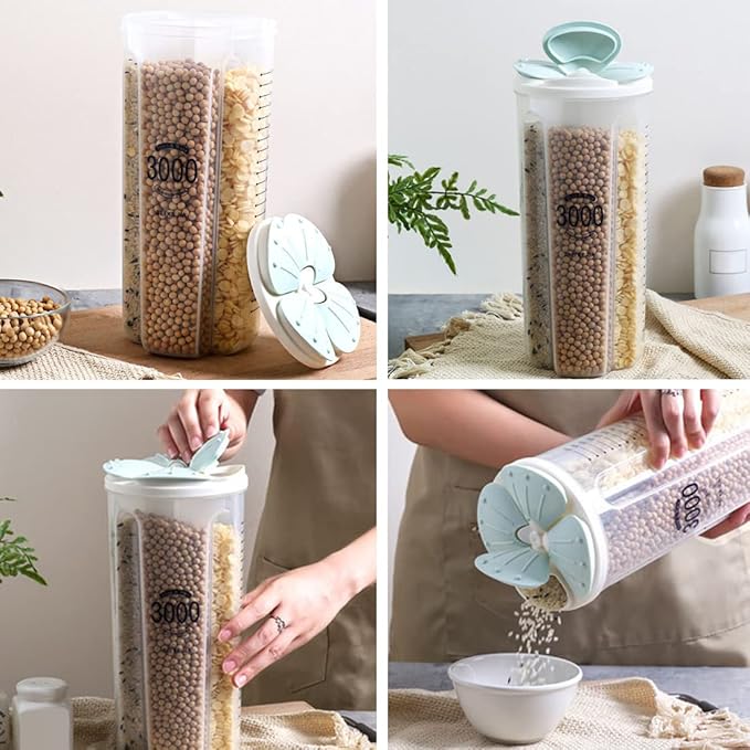 Airtight Kitchen Food Storage Container, Leak-Proof BPA Free Plastic Plastic Dry Cereal Dispensers Containers with Durable Lids for Flour, Sugar, Rice (3000ml 4 Color-4 Grid)