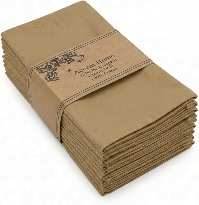 ACCENTHOME Accent Home 100% Cotton Napkins, Delicate Cloth Napkins for Dinners, Parties and Weddings，18 x 18 Inch Set of 12 - Brown