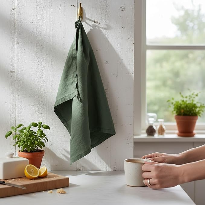 Linen Kitchen Dish Towels – 20” x 27” – 100% Pure Stonewashed Linen Hemstitch Hand Towel/Tea Towel - Set of 2 (Rustic Green)