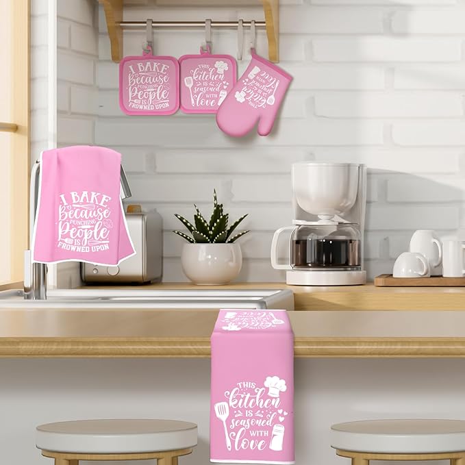 Sratte 6 Pcs Kitchen Decor Accessories Set Farmhouse Towels Pot Holders Oven Mitts Set 2 Dish Towels 2 Potholders 2 Cooking Mittens Oven Glove for Baking Cooking(Light Pink,Kitchen)