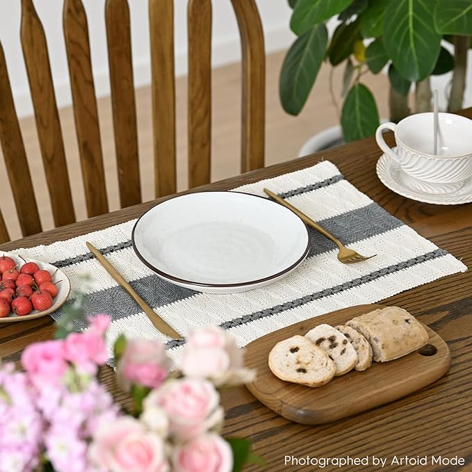 Artoid Mode Dark Grey Farmhouse Woven Rustic Placemats Set of 4,12x18 Inch Seasonal Holiday Hollow Table Mats Party Kitchen Dining Decoration