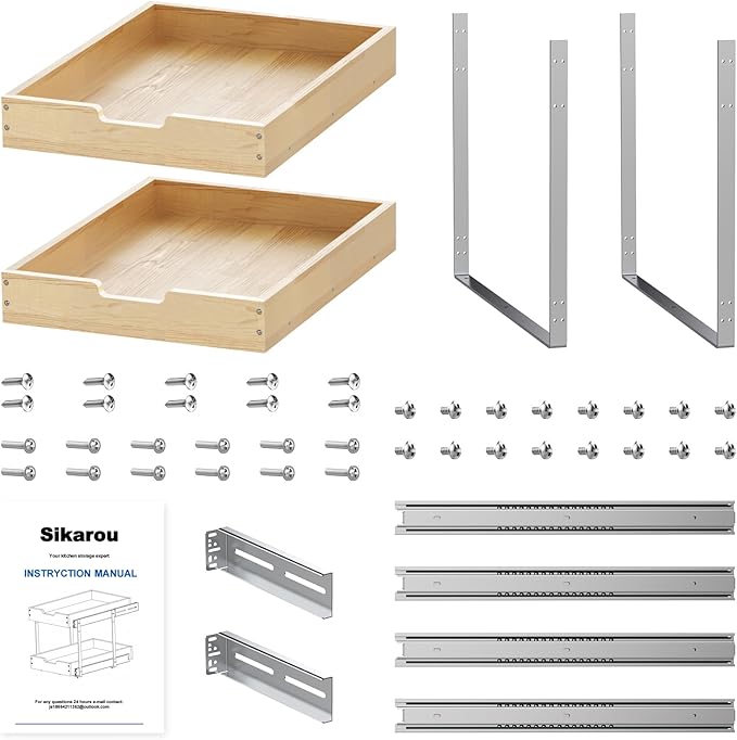 Sikarou Wood Pull Out Cabinet Organizer 2 Tie 14" W x 21" D, Heavy-Duty Sliding Drawers for Inside Cabinets Storage and Organization for Kitchen, Pantry, Bathroom