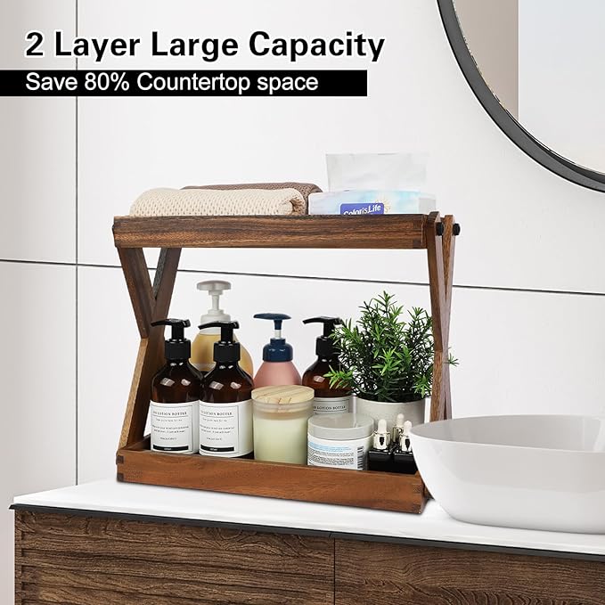 Wood Countertop Shelf Organizer, 2 Tier Wooden Shelf for Coffee Bar Accessories, Kitchen Spice Rack Organizer, Condiment Storage Caddy for Home, Office, Bathroom counter