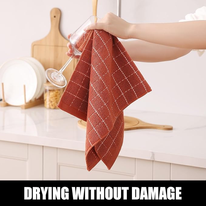 Homaxy 100% Cotton Terry Kitchen Towels(Rust, 13 x 28 inches), Checkered Designed, Soft and Super Absorbent Dish Towels, 8 Pack