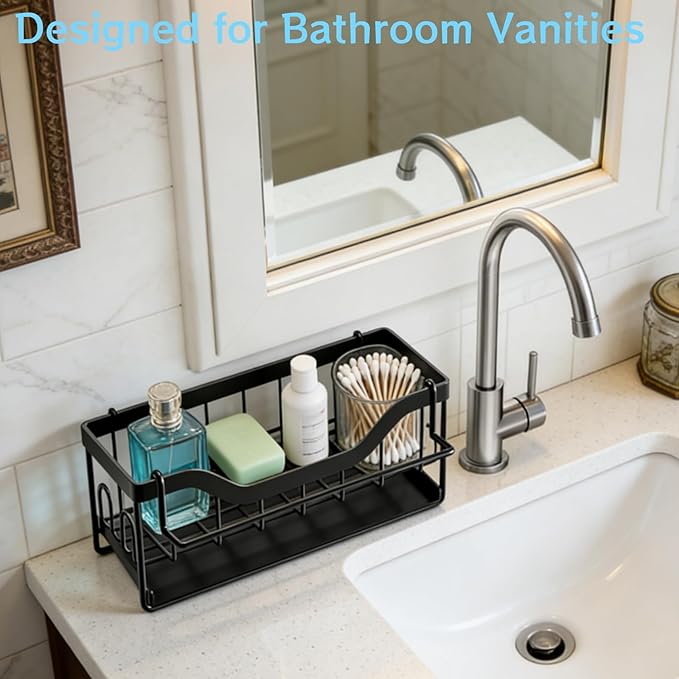 Sponge Holder for Kitchen Sink - Sink Caddy Organizer with Auto Drain Tray, Detachable Towel Rack, Stainless Steel Kitchen Counter Organizer Rack, Black